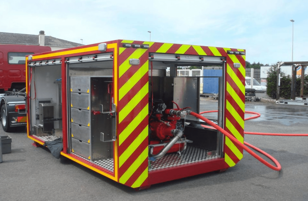 A cargo container converted into an emergency relief station for a fire department, showcasing its usefulness in times of crisis.