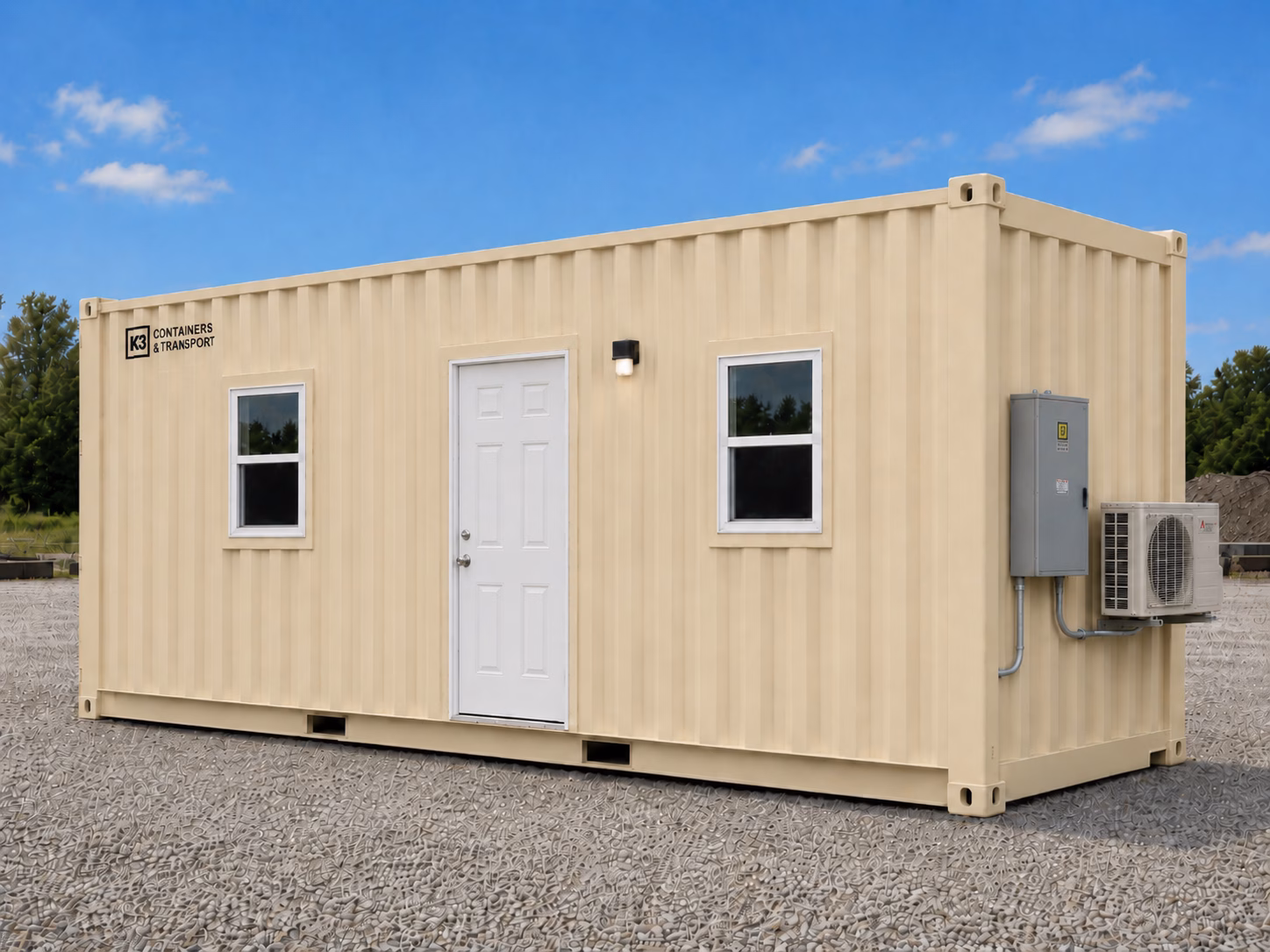 20 foot shipping container office with two windows from K3 Containers