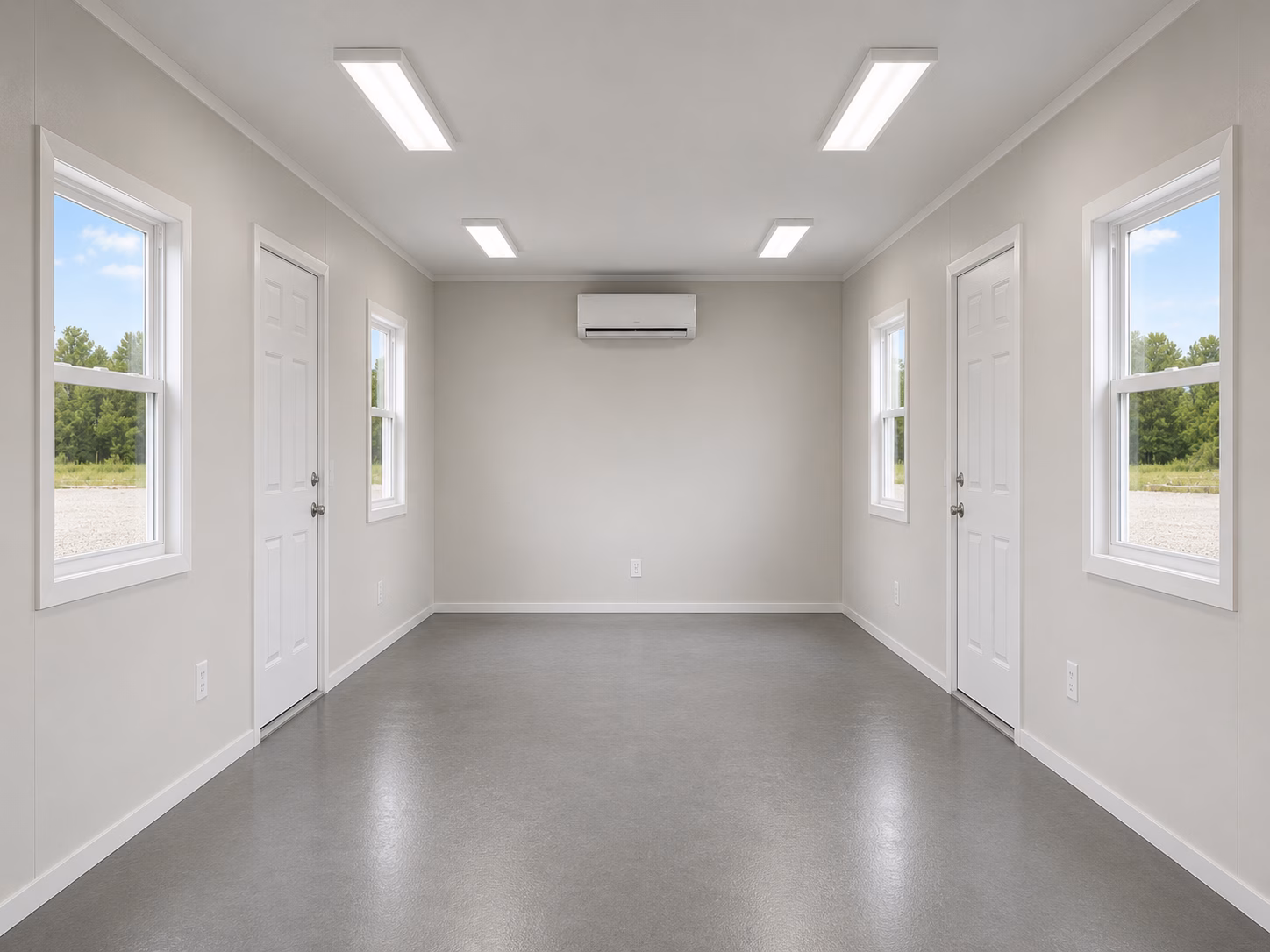 Interior view of 20 foot shipping container office with four windows and two doors