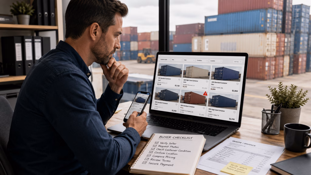 Buyer reviewing online shipping container listings and checking seller details before purchase