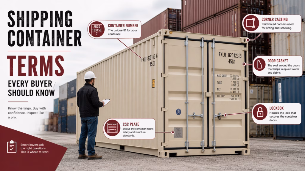 Shipping container terminology infographic identifying the container number, CSC plate, lockbox, door gasket, and corner casting