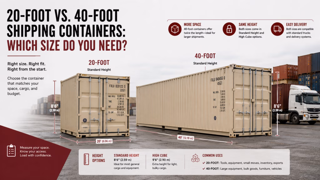 Visual size comparison of 20-foot and 40-foot shipping containers with standard and high-cube height guidance
