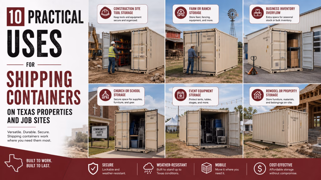 Shipping containers used for construction tools, ranch storage, business inventory, church supplies, event equipment, and remodeling storage