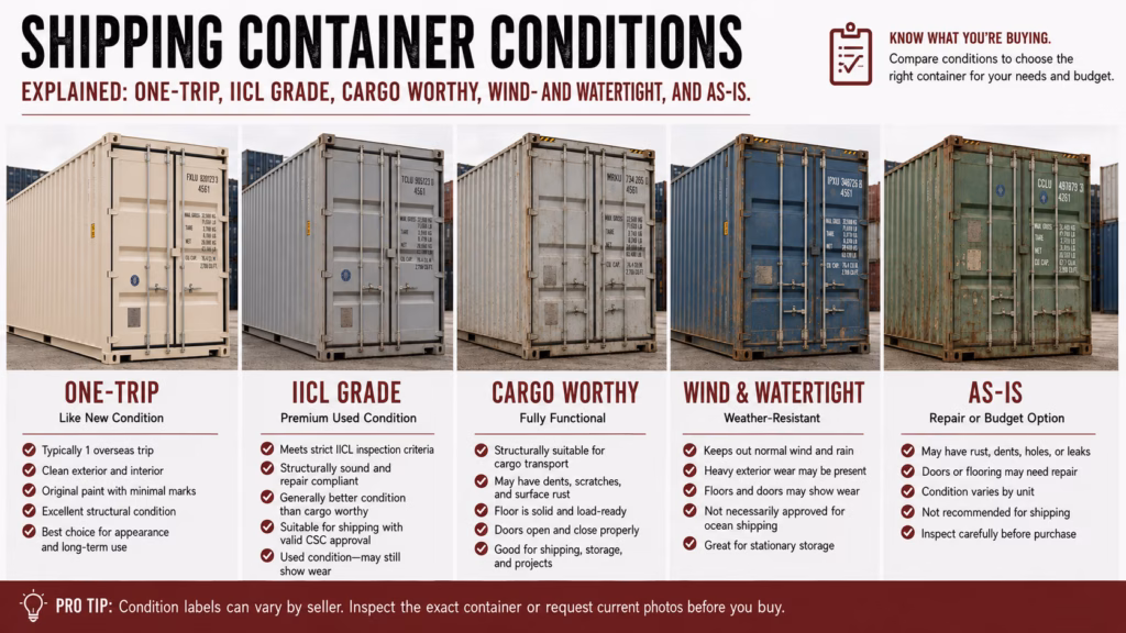 Shipping container condition comparison showing one-trip, IICL grade, cargo worthy, wind-and-watertight, and as-is containers
